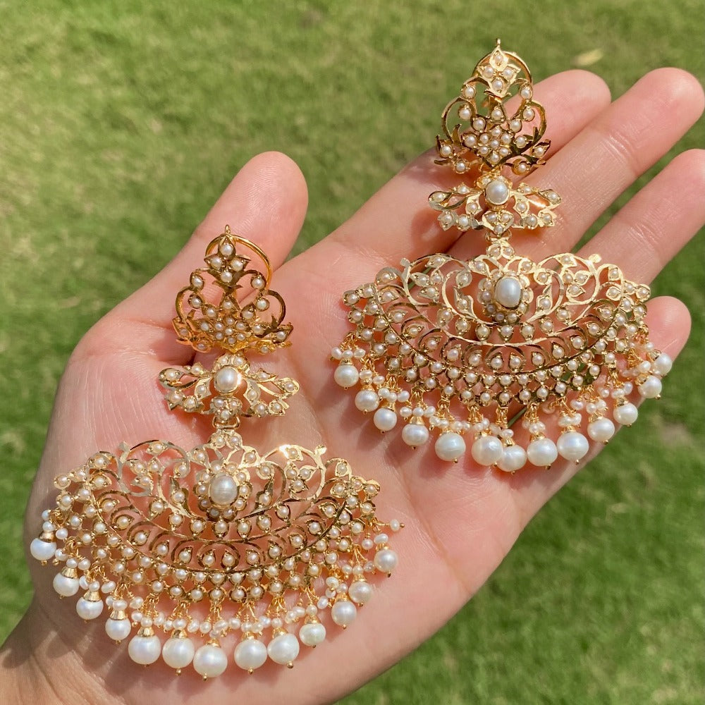 long indian pearl earrings in gold plated silver