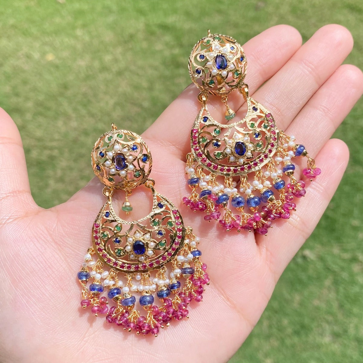 gold polished Hyderabadi chandbalis with ruby bunches and blue sapphires