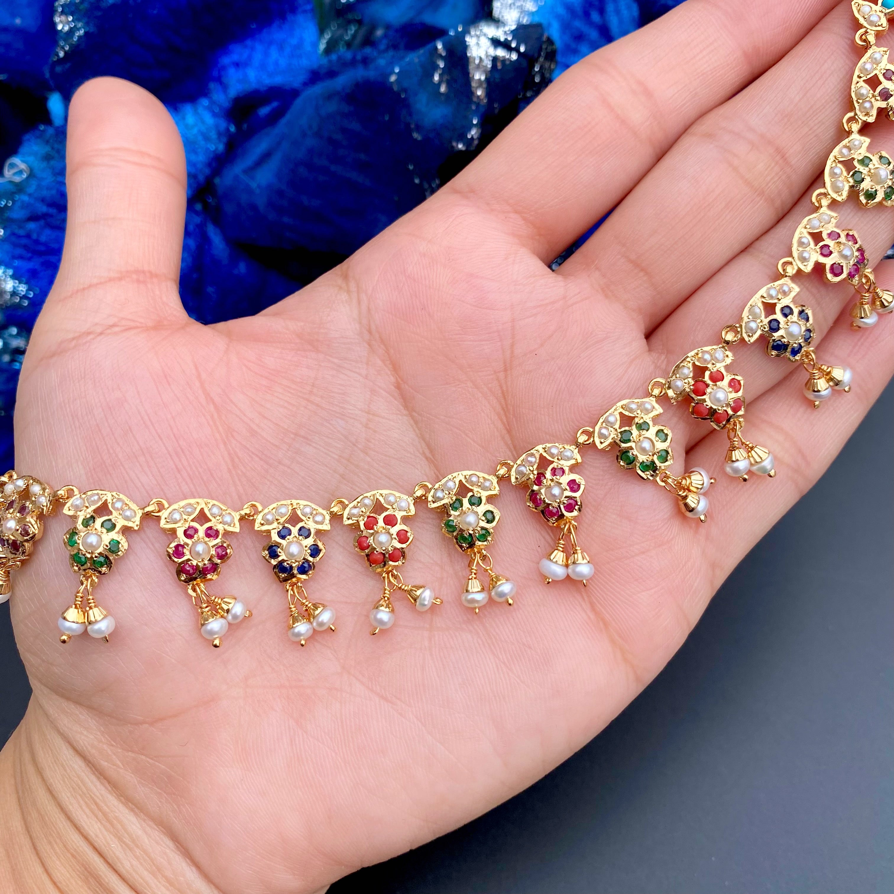 Delicate Navrattan Necklace with Jhumki | Gold Plated Navratna Necklace Set | NS 357