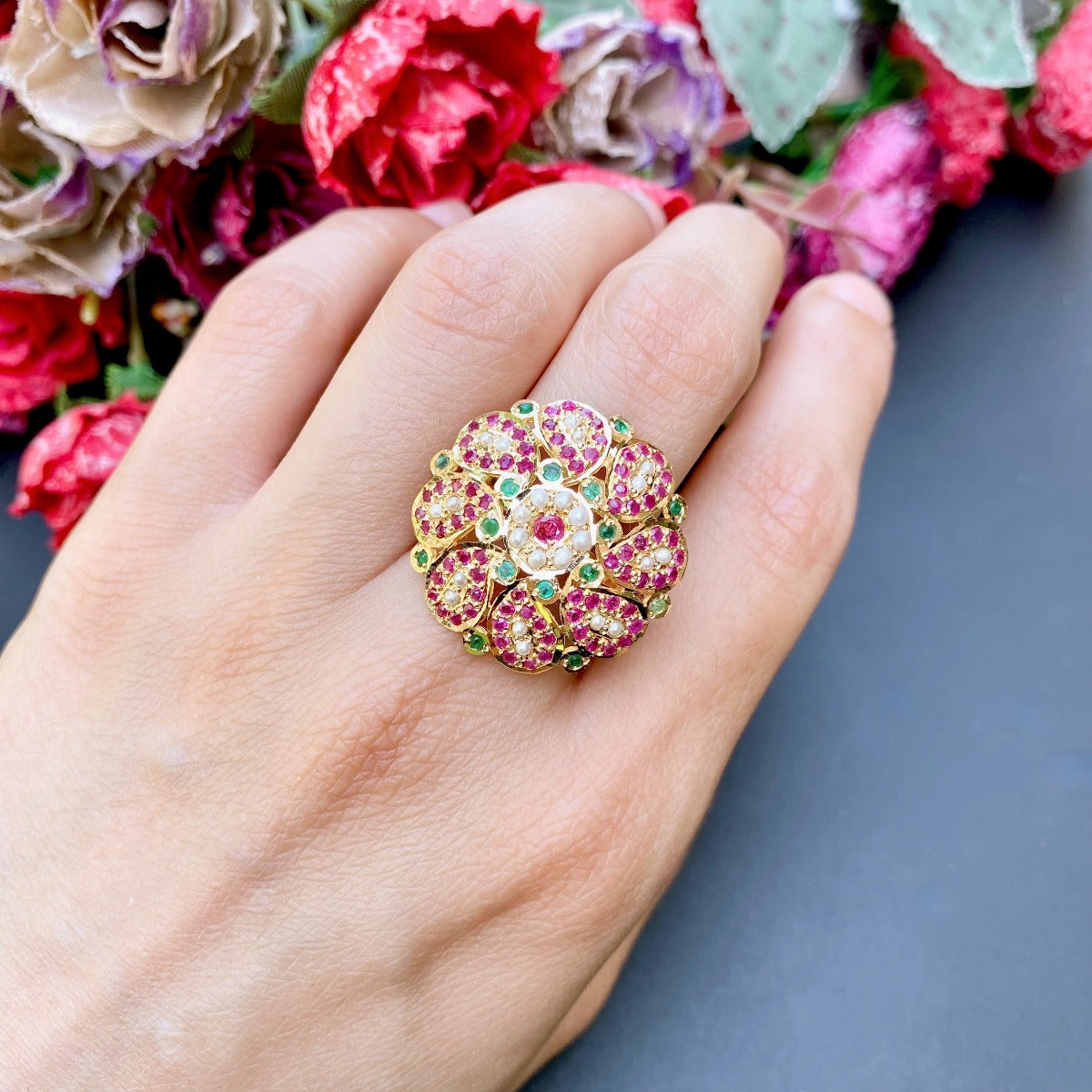 Jadau Ring For Ladies | 22ct Hallmarked Gold |  Ruby Emerald & Pearls GLR 097