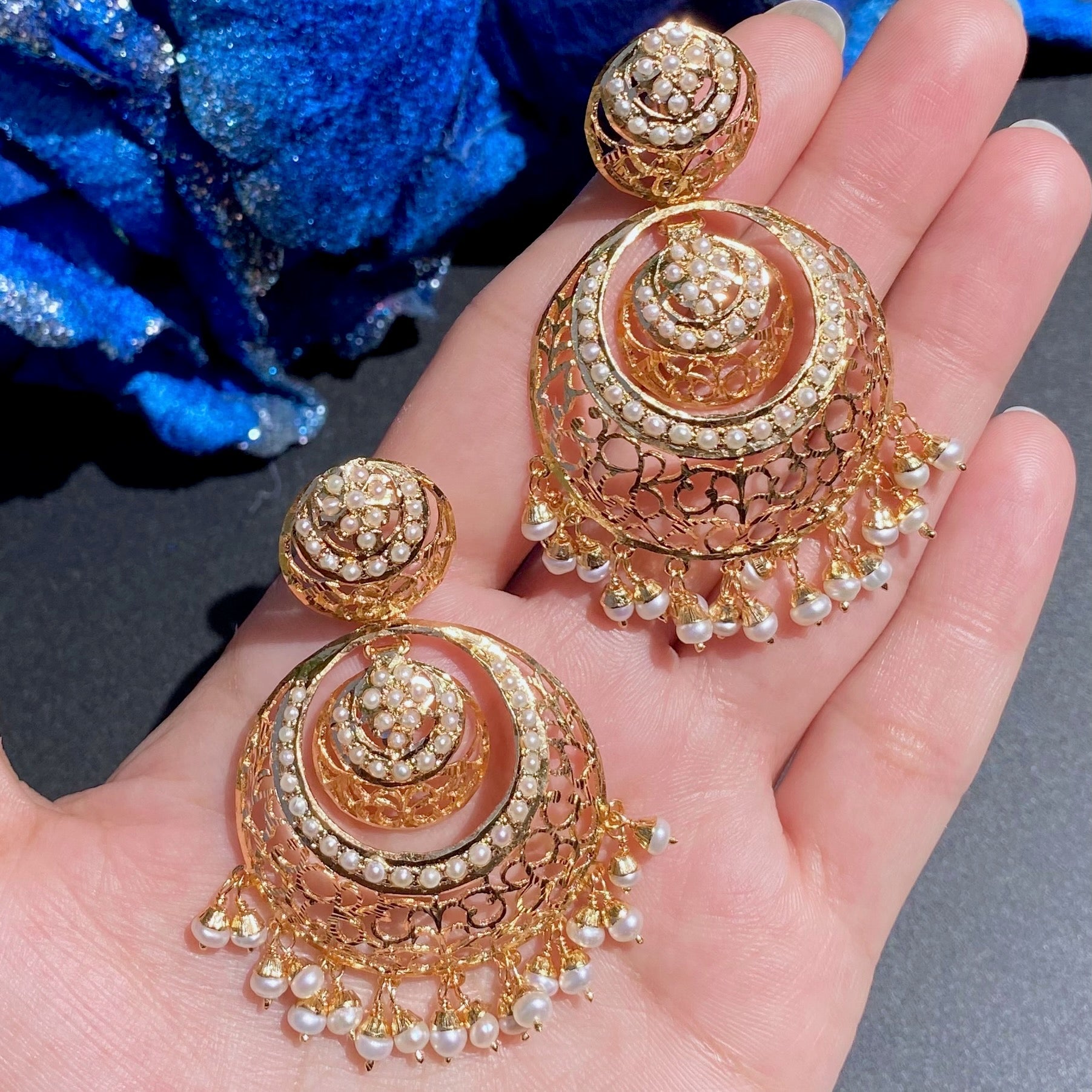 Pearl Jadau Chandbali Earrings in Gold Plated Silver ER 219