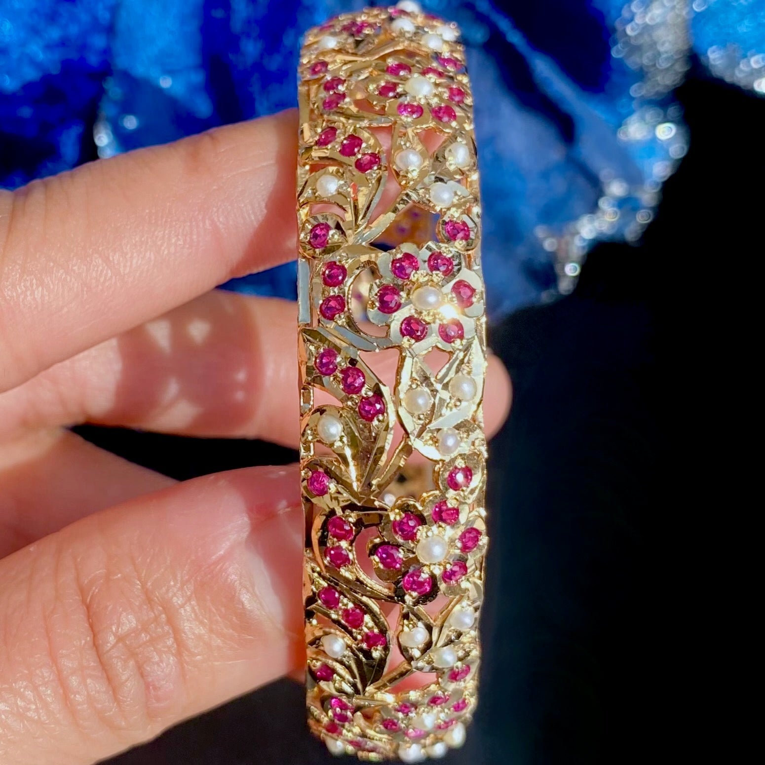 Womens Jadau Bangle | Ruby Pearl Combination | Gold Plated on Silver BG 159