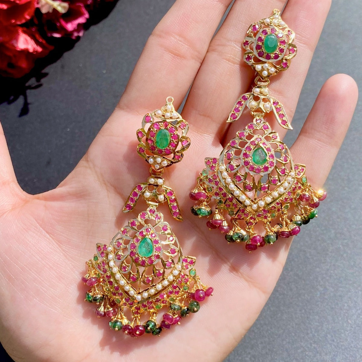 mughal design ruby emerald earrings in gold
