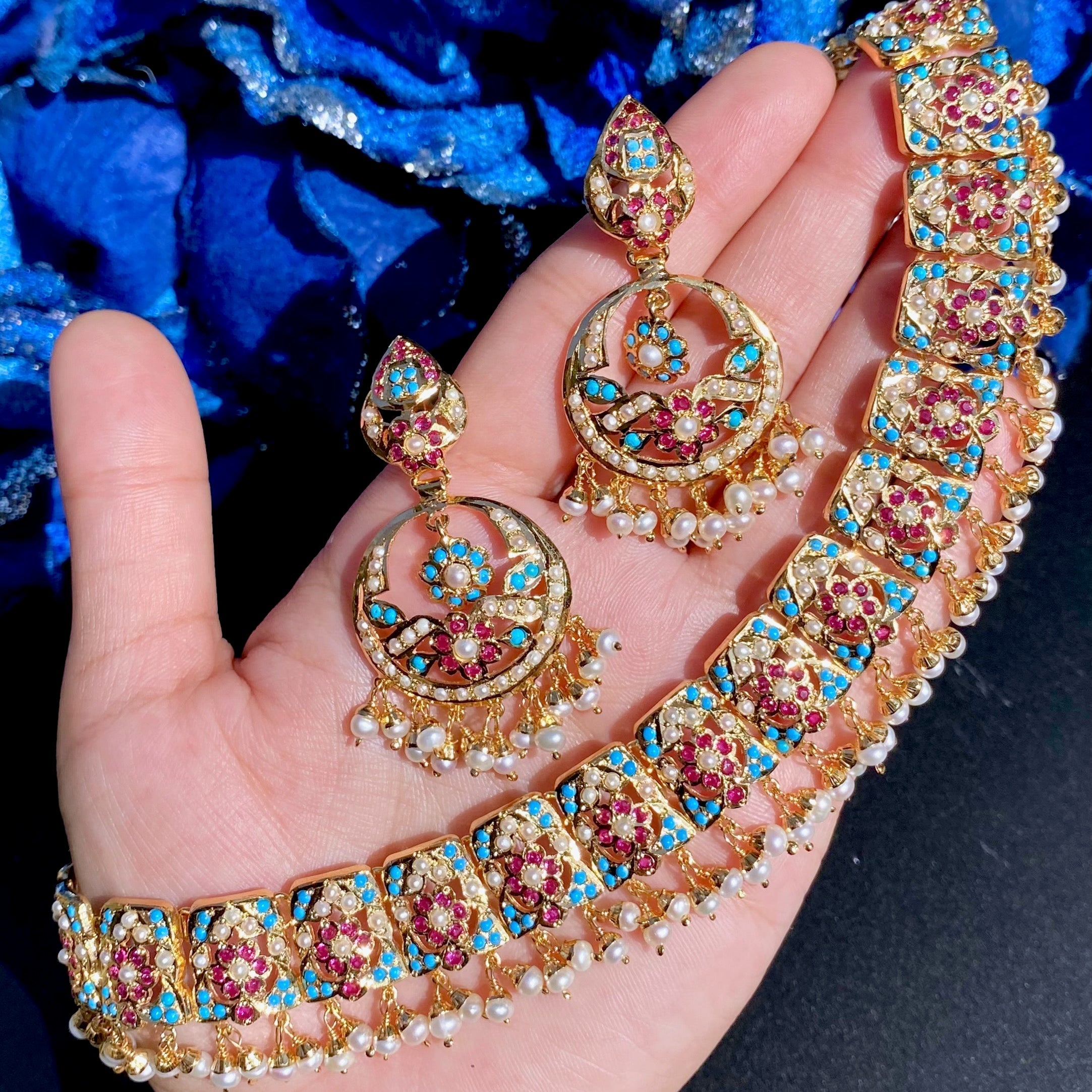 Jadau Necklace Set | Gold Plated on Silver | Ruby Pearl Feroza Combination NS 477