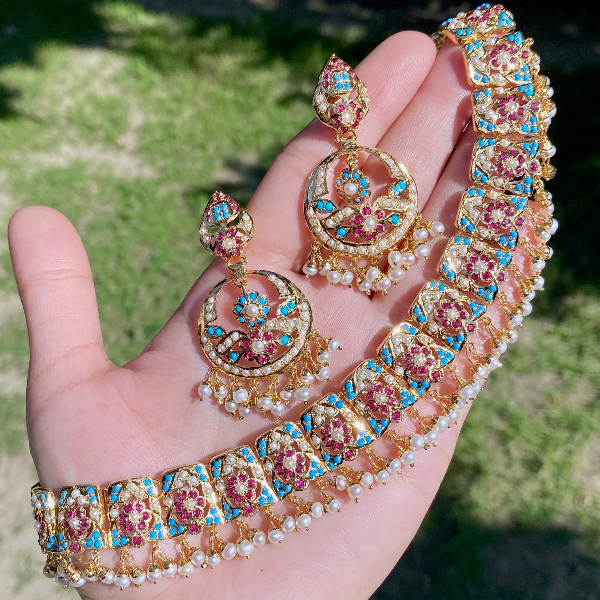 Jadau Necklace Set | Gold Plated on Silver | Ruby Pearl Feroza Combination NS 477