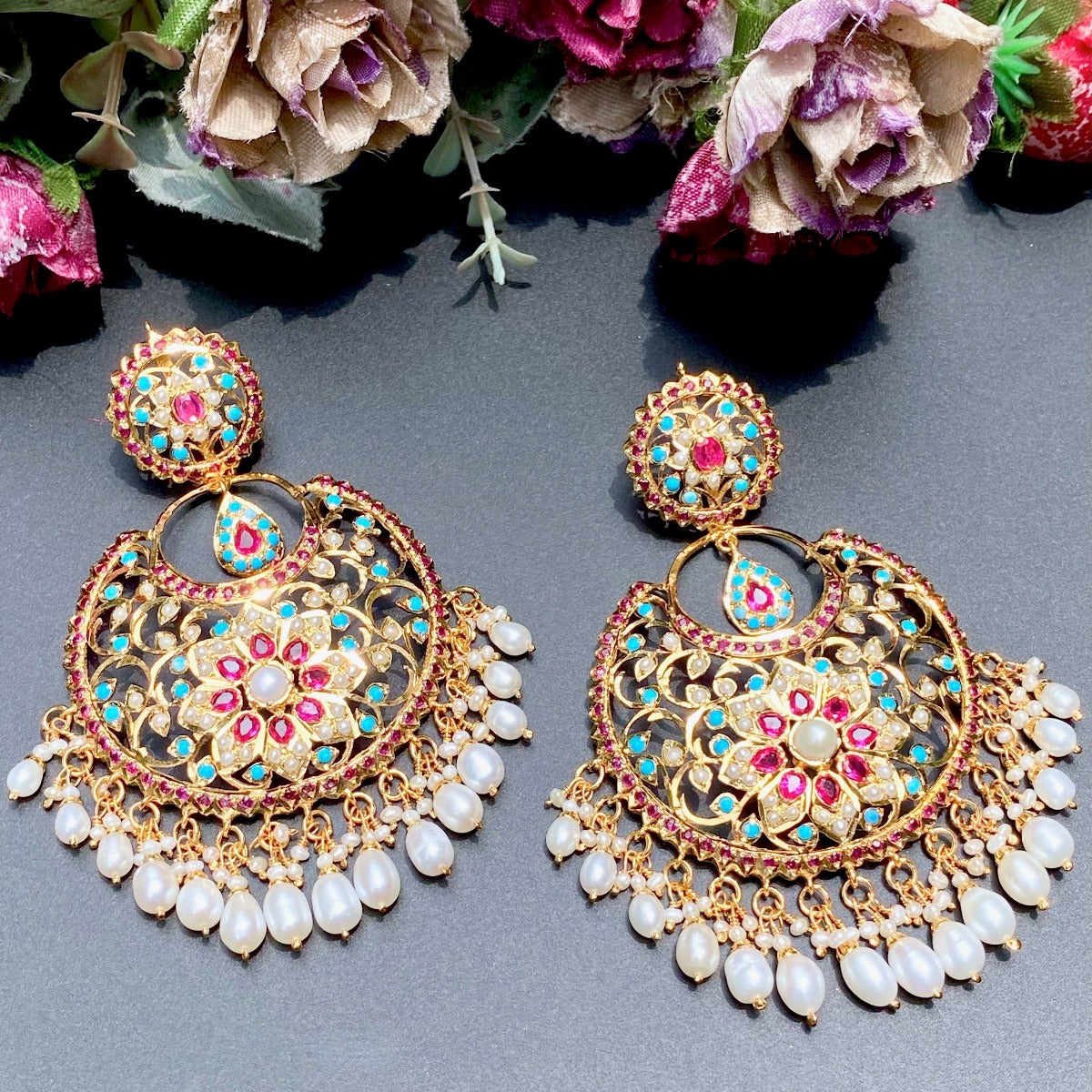 traditional Hyderabadi gold polished silver earrings
