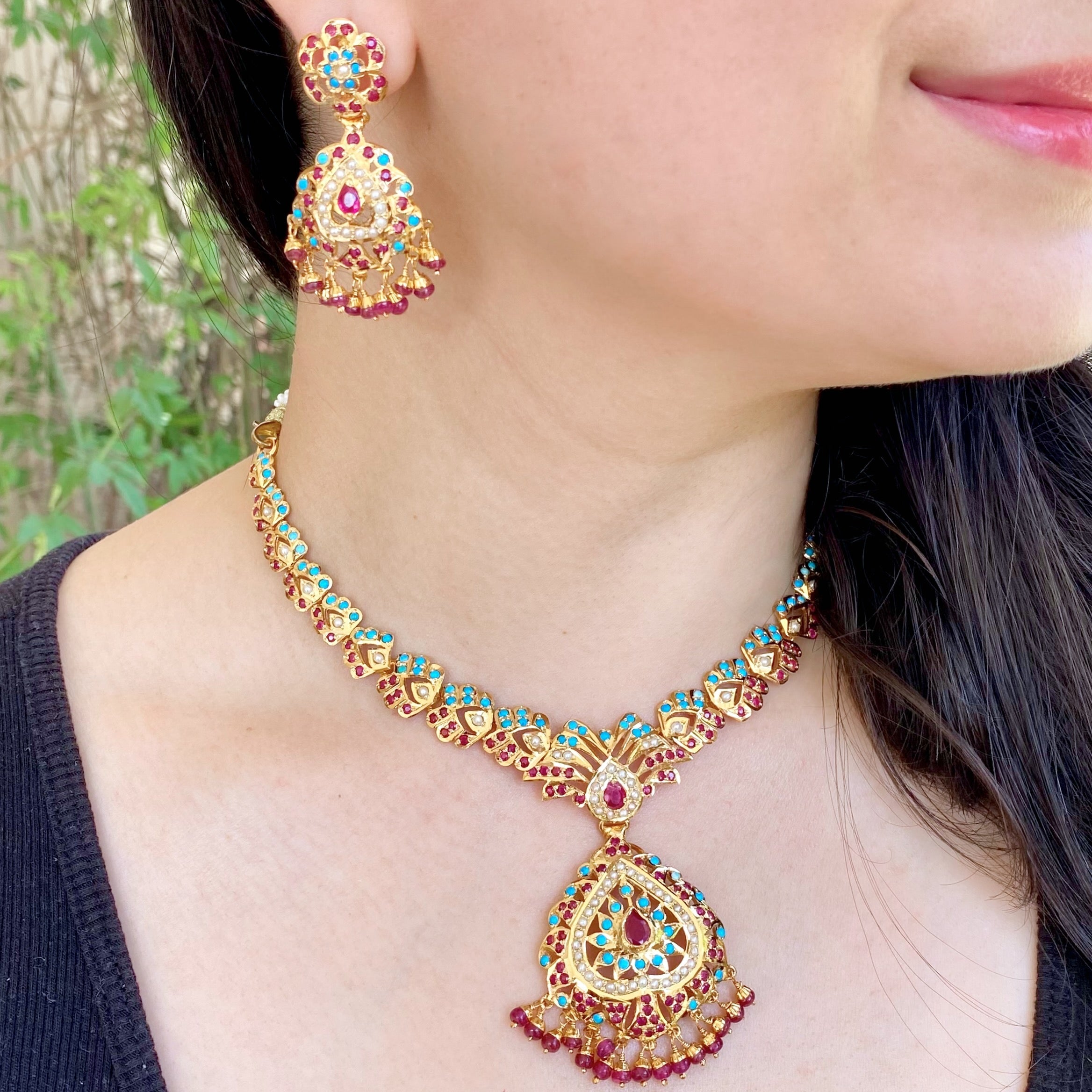 Ruby Feroza Necklace Set | Exclusive Handmade Jadau Jewellery | NS 283