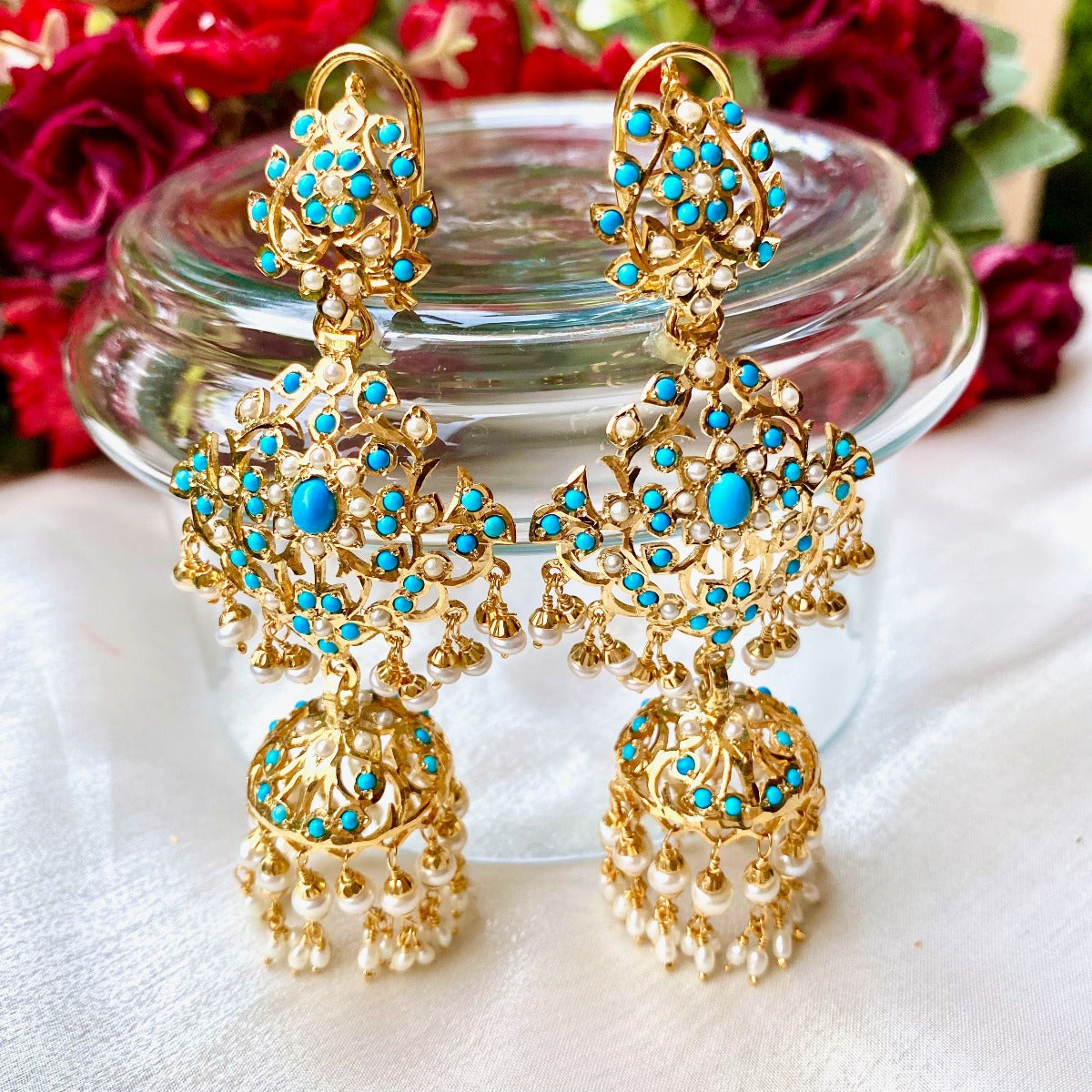 Gold Plated Danglers Studded with Pearl & Turquoise on 925 Silver ER 331