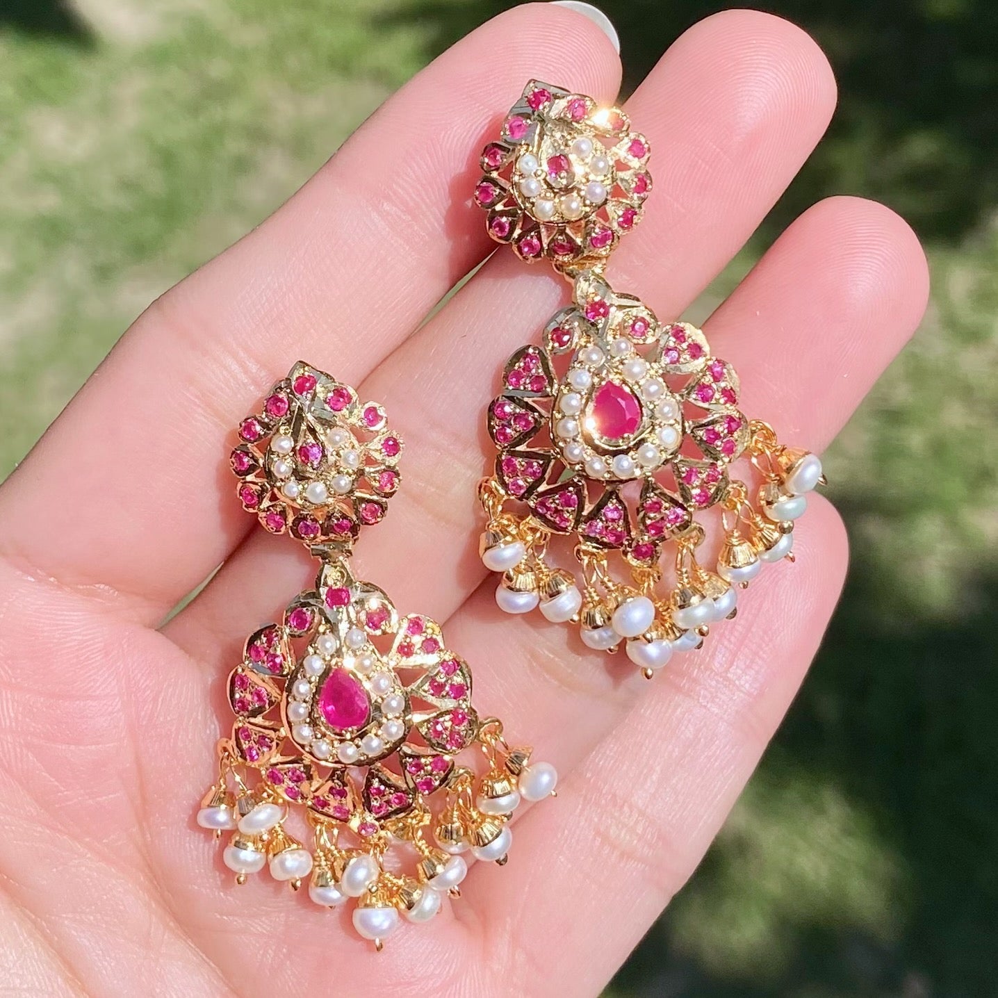 Light and Elegant Ruby and Pearl Earrings in Gold Plated Silver ER 407