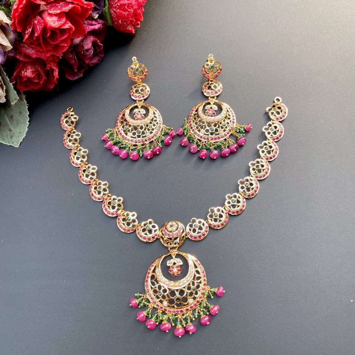 Multicoloured Jadau Necklace Set | Dainty & Light in Weight |  22k Gold GNS 115