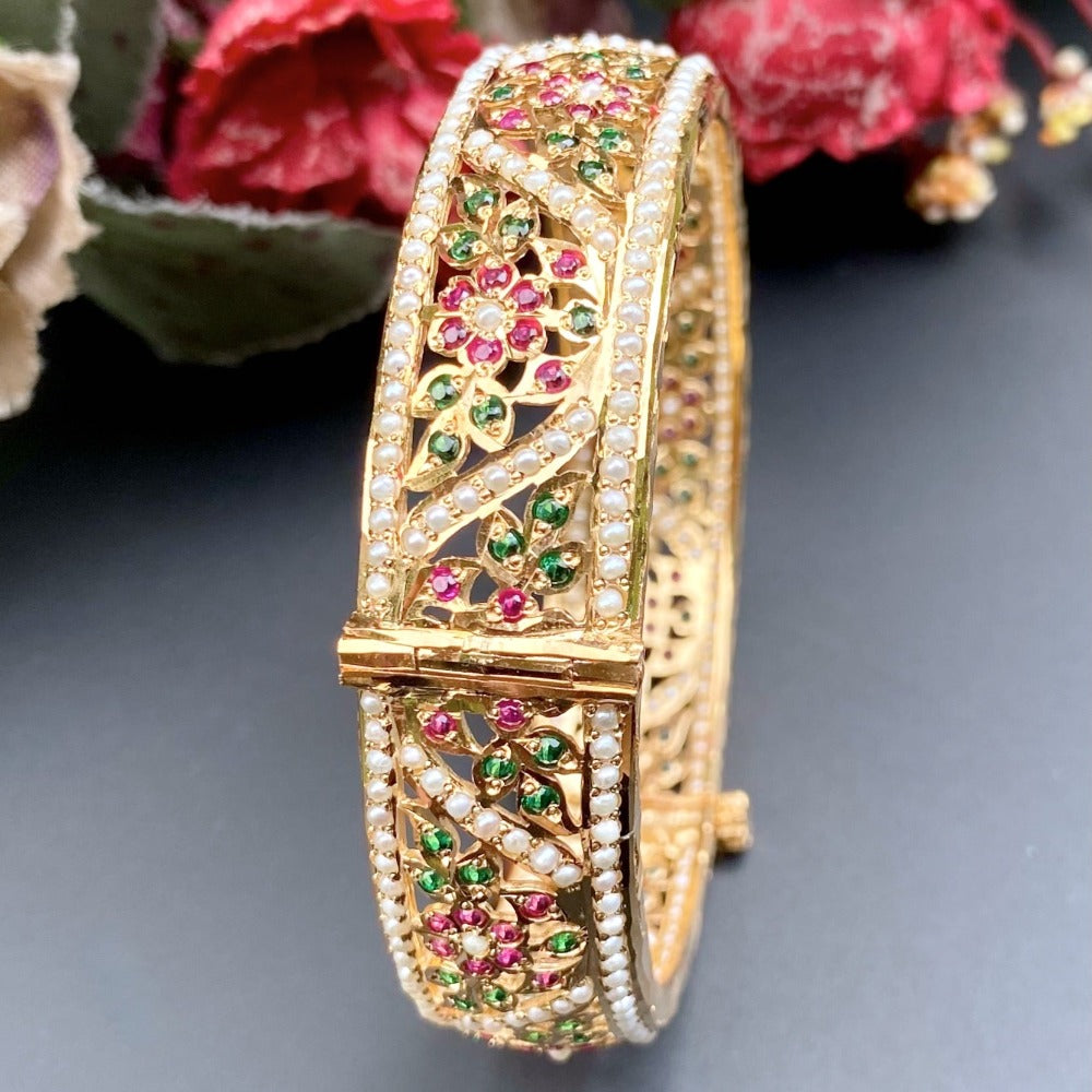 jadau kada with ruby emerald and pearls