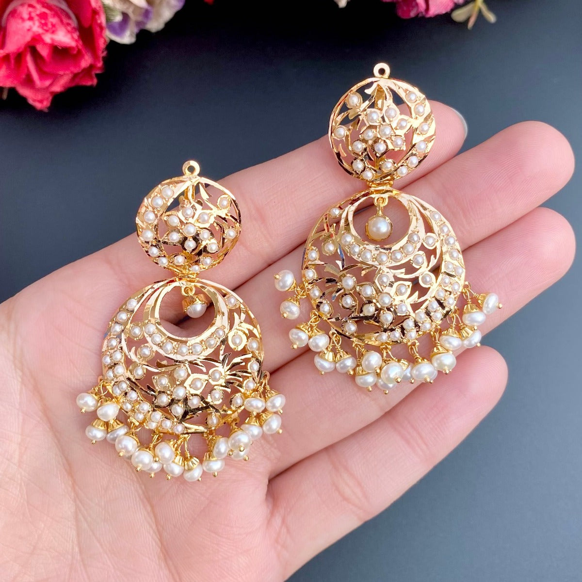 pearl chandbalis in real gold