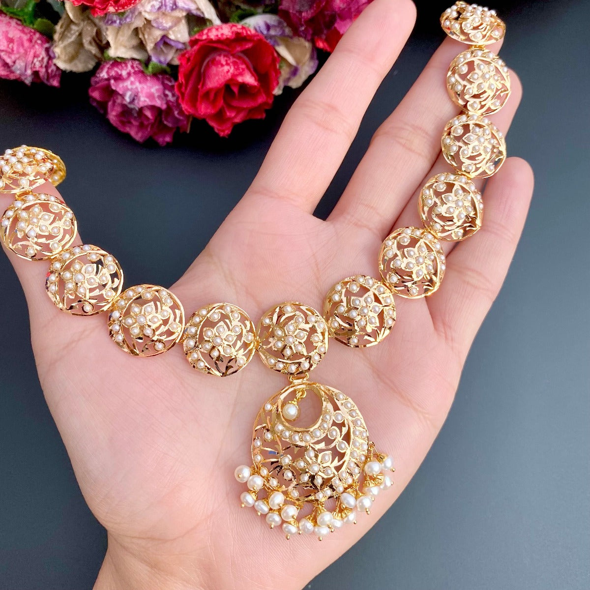 22k gold pearl necklace with a chandbali shaped pendant