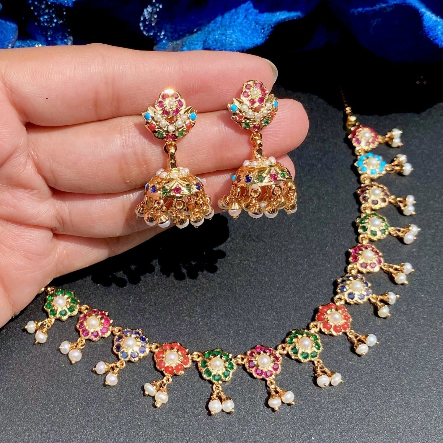 Navratna necklace with jhumkis 