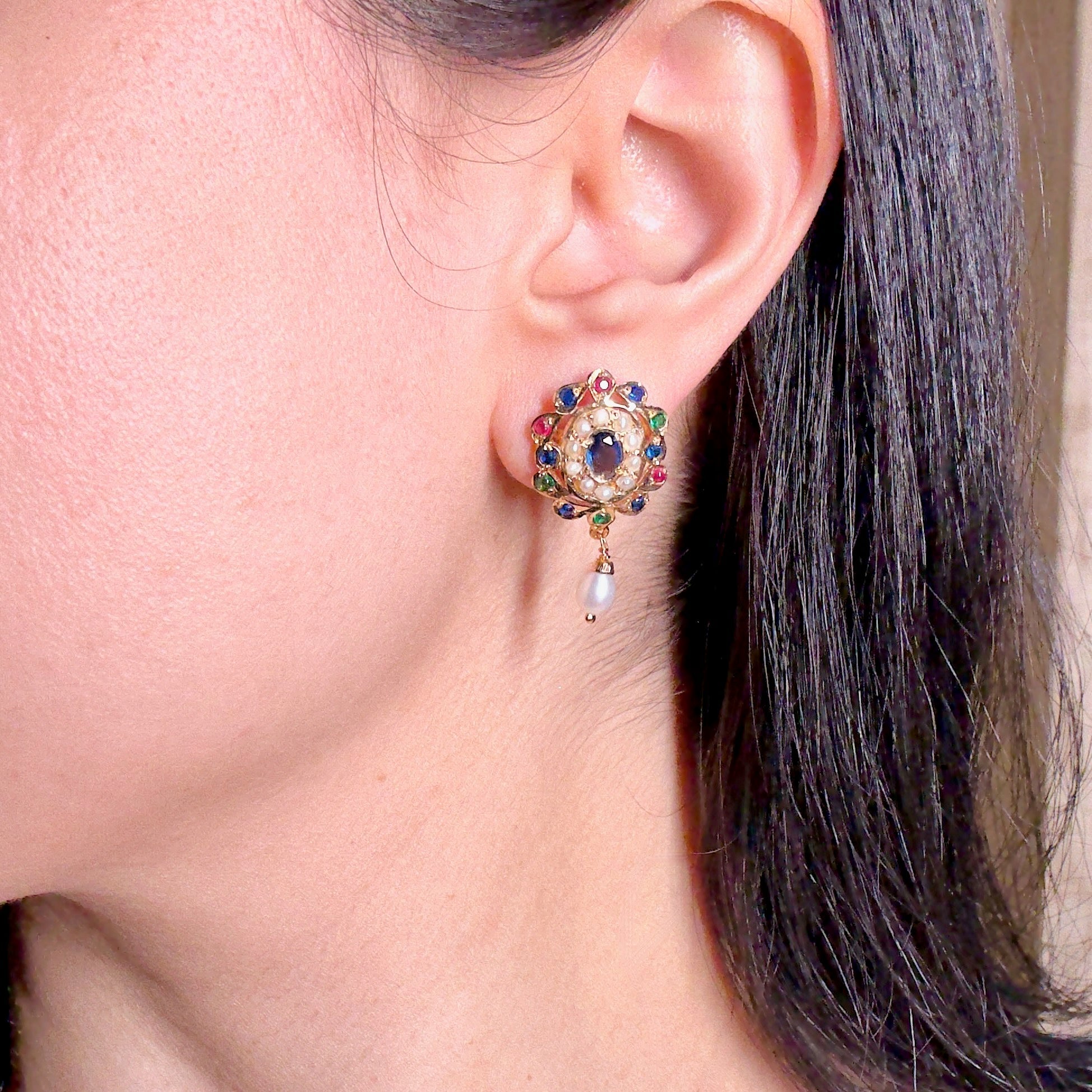 Multocoloured Stud Earrings For Women | Jadau Tops on Sterling Silver ER 584