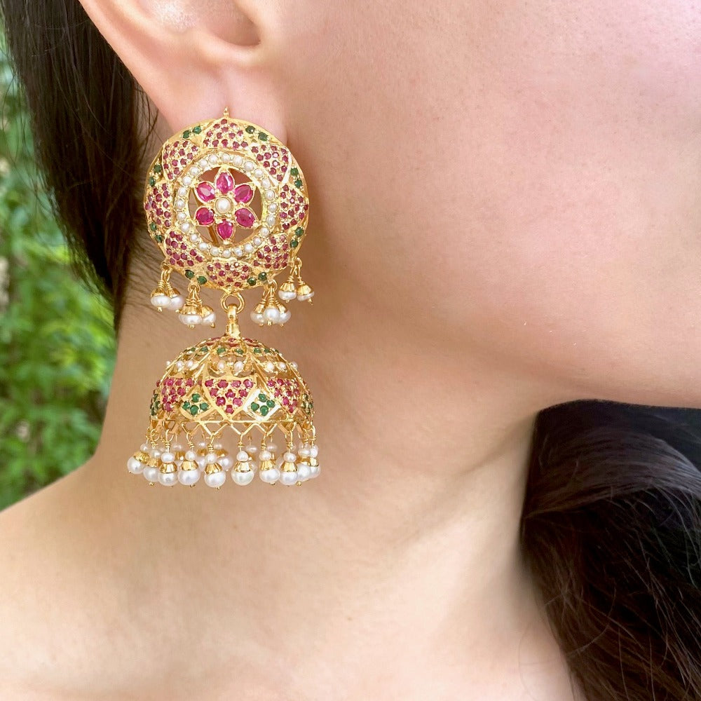 Gold Plated Jhumka Earrings | Sterling Silver | Studded with stones ER 533