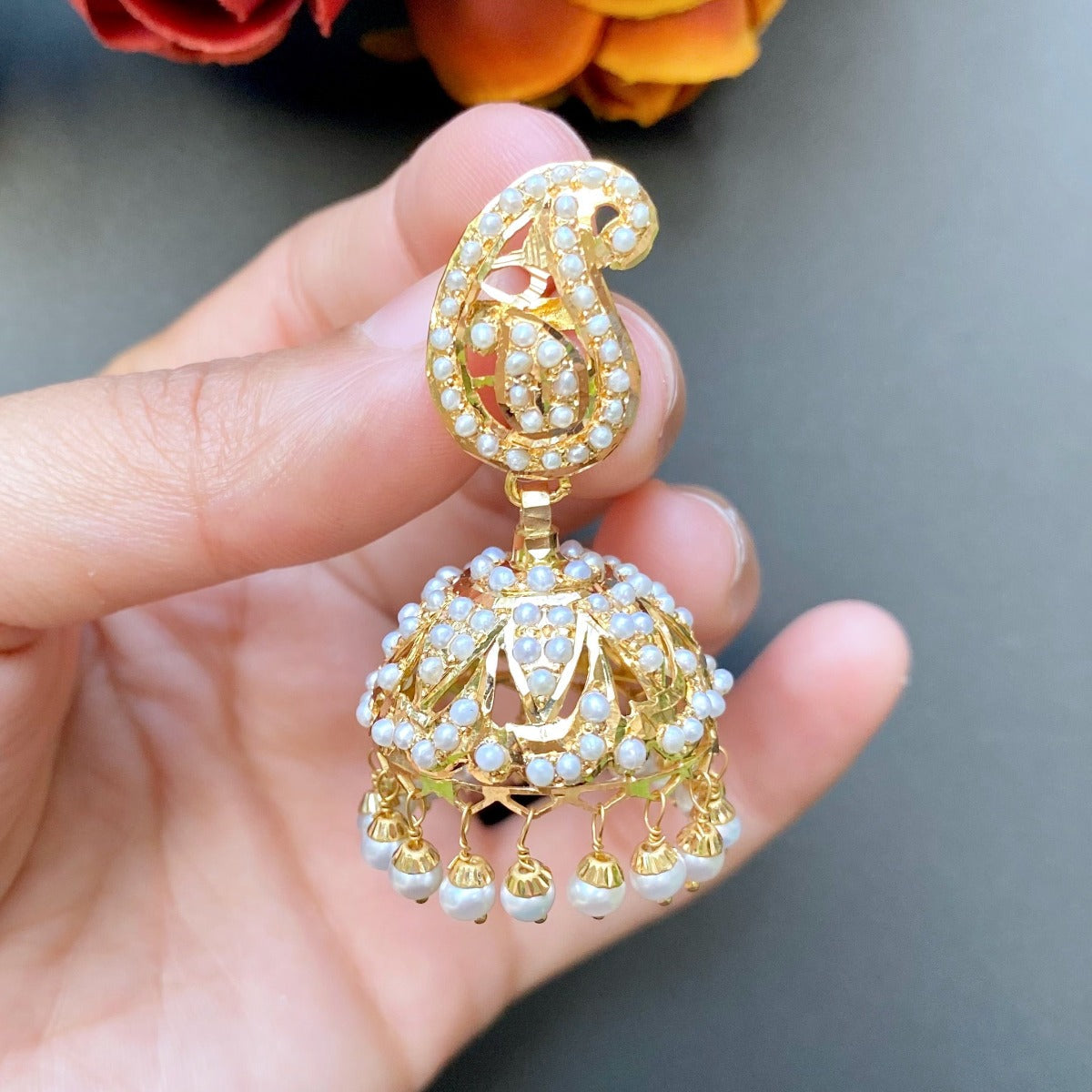 Pearl Jhumka Earrings | 22ct Gold | Indian Jhumka Online GER 058