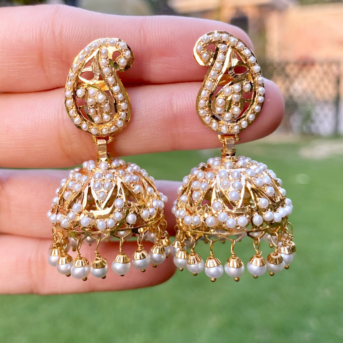 Pearl Jhumka Earrings | 22ct Gold | Indian Jhumka Online GER 058