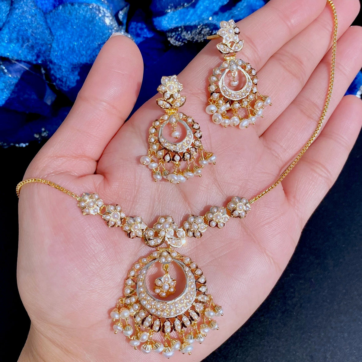 Pearl Chain Set | Lightweight 22k Gold Necklace with Dainty Chandbalis
