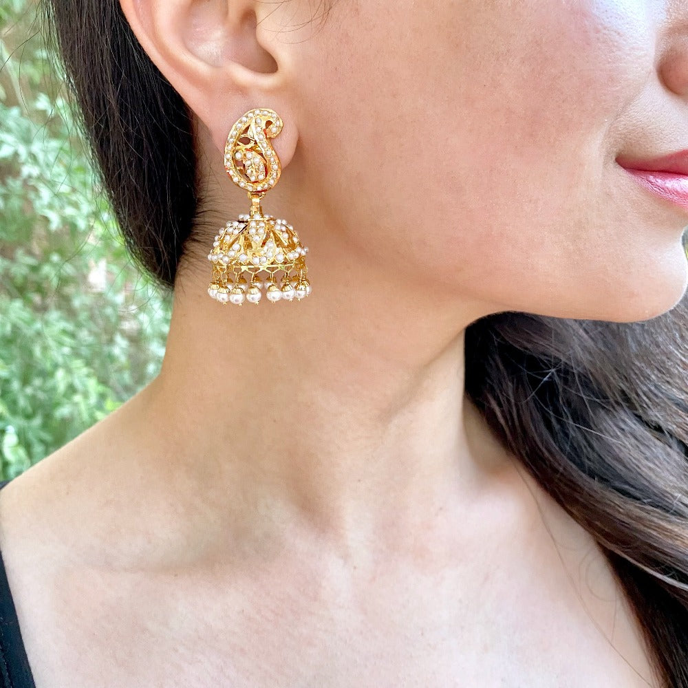 Pearl Jhumka Earrings | 22ct Gold | Indian Jhumka Online GER 058