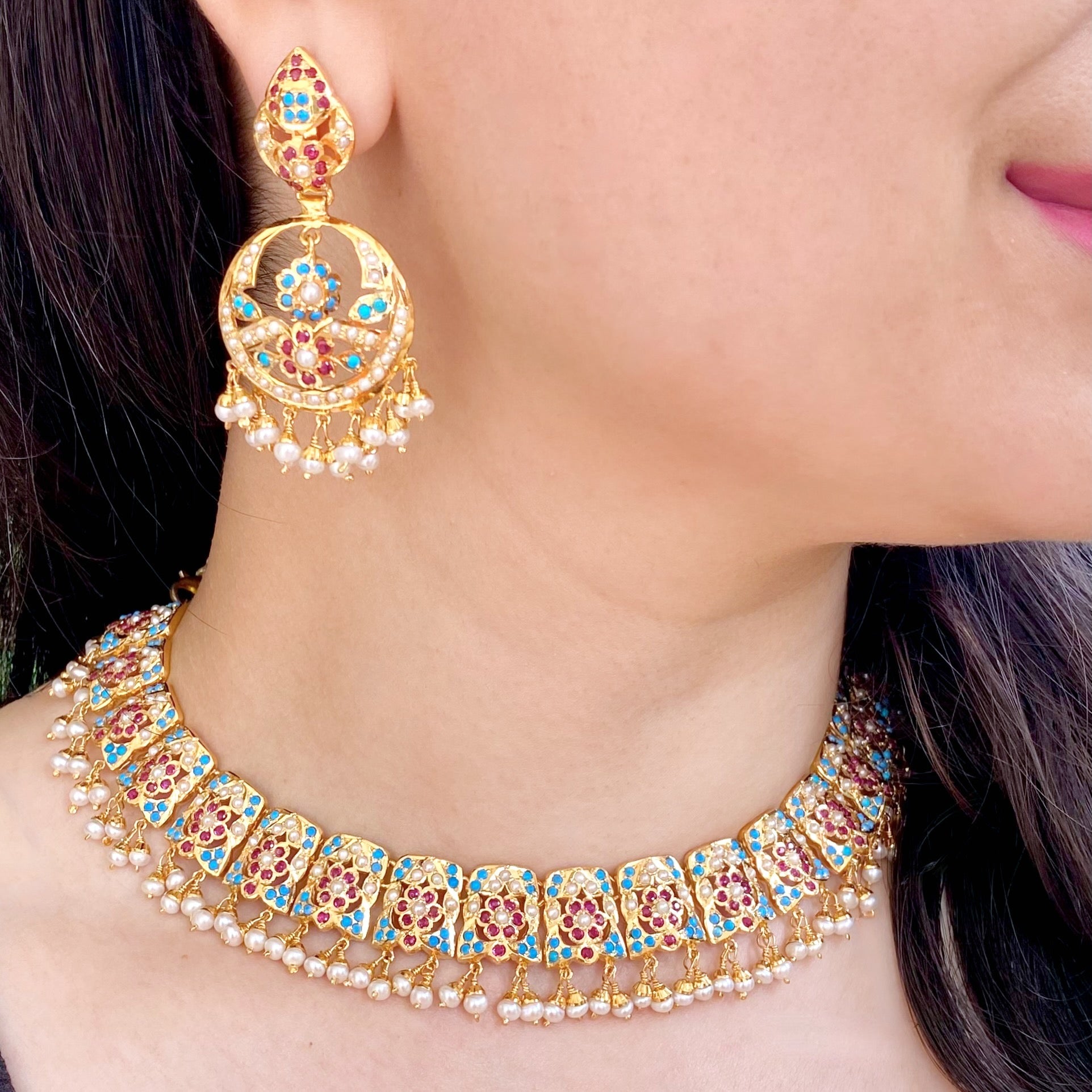 Jadau Necklace Set | Gold Plated on Silver | Ruby Pearl Feroza Combination NS 477