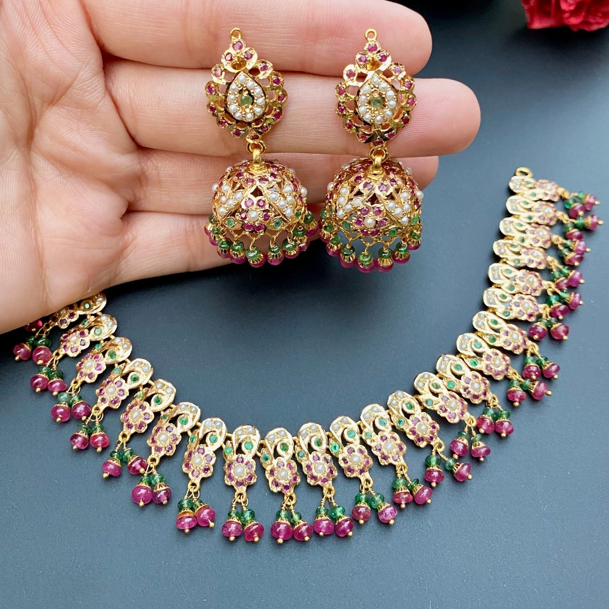 Delicate Necklace with Jhumkis | 22 carat Gold | Lightweight Jadau Necklace Set GNS 093