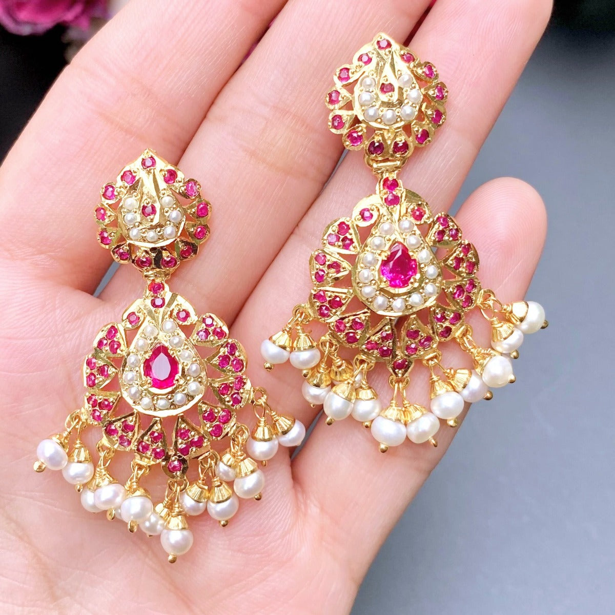 Light and Elegant Ruby and Pearl Earrings in Gold Plated Silver ER 407