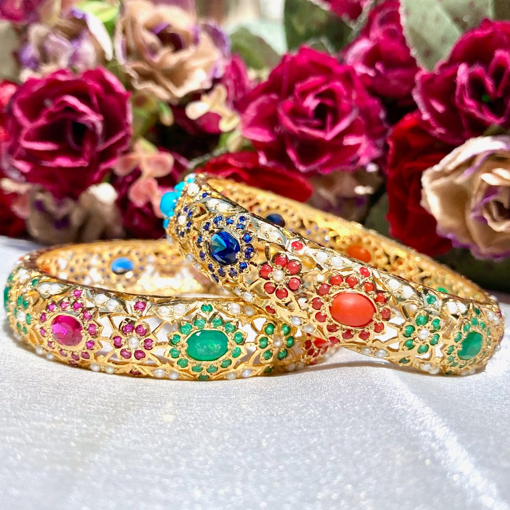 Punjabi navratna bangle in gold plated silver