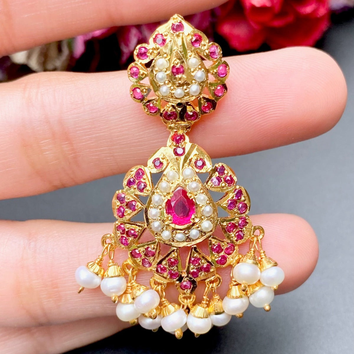 Light and Elegant Ruby and Pearl Earrings in Gold Plated Silver ER 407