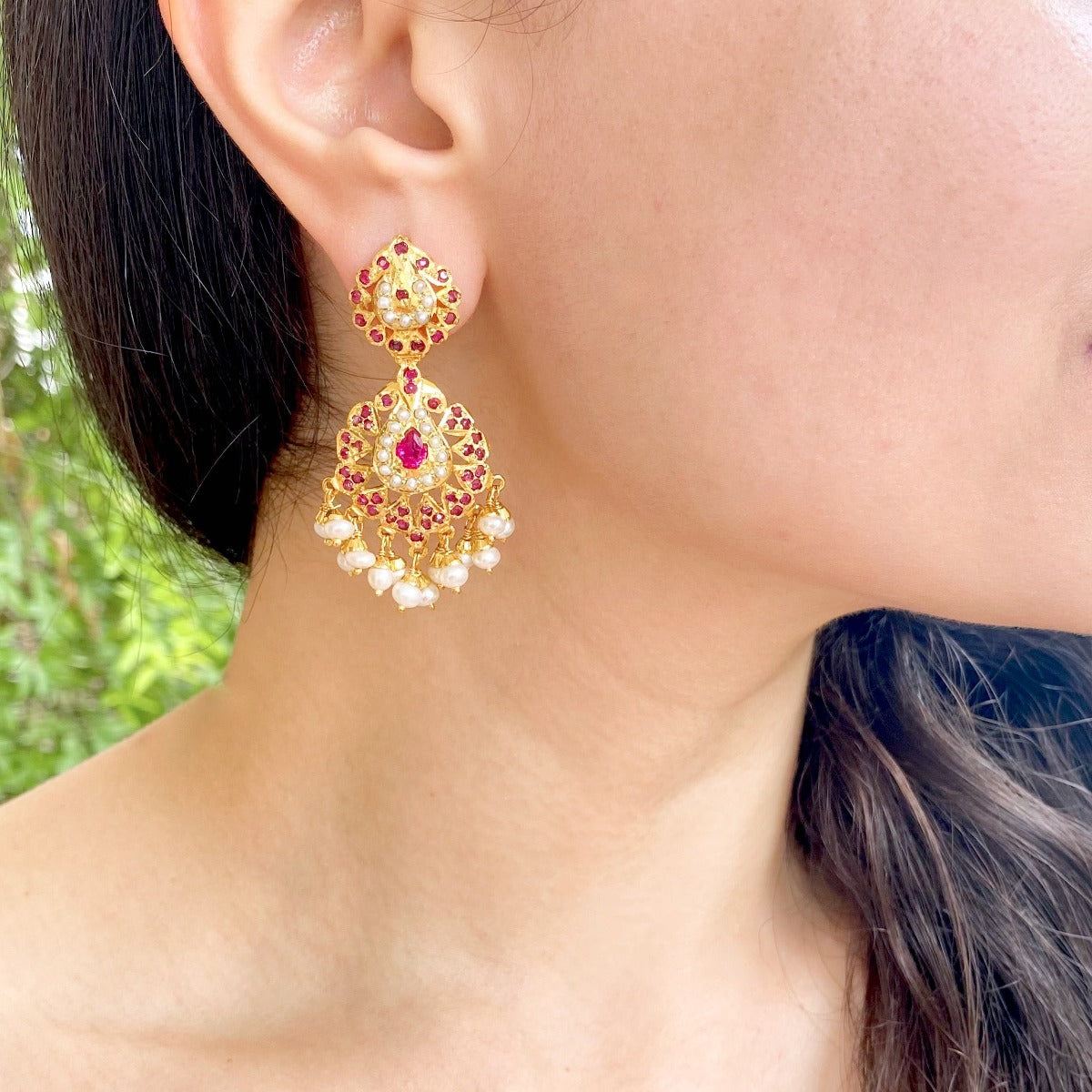 Light and Elegant Ruby and Pearl Earrings in Gold Plated Silver ER 407