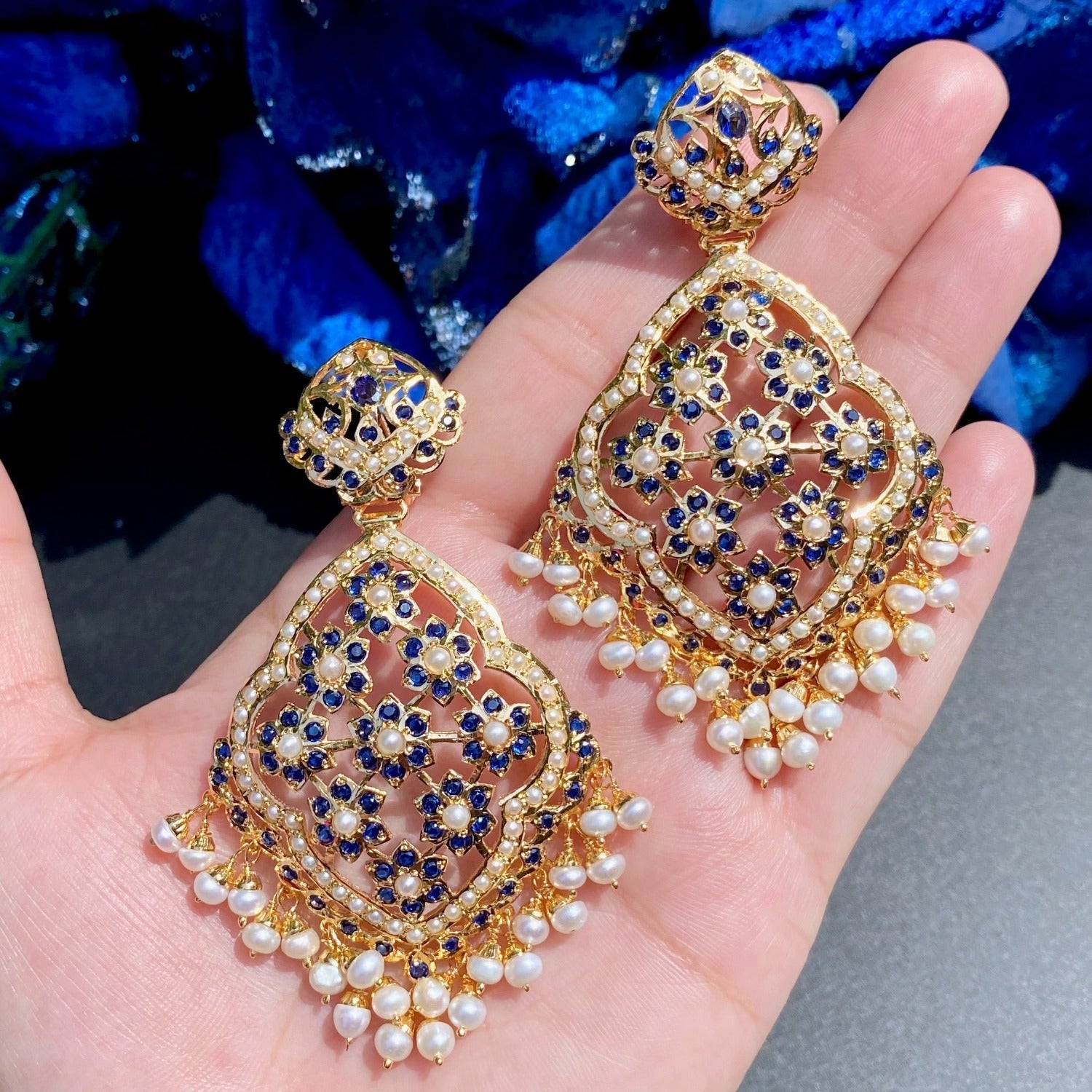 blue floral earrings ethnic Hyderabadi design