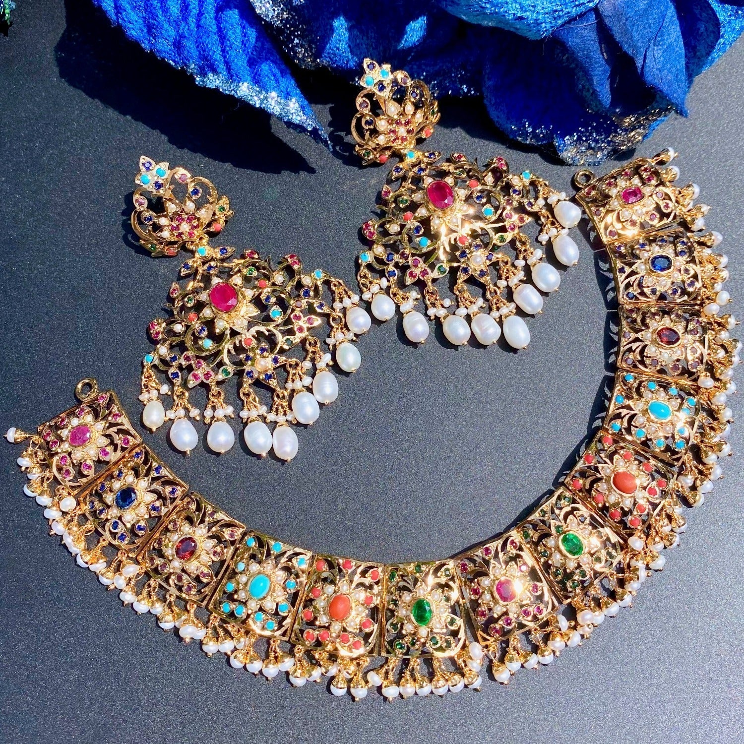 Bollywood navratna bridal necklace set