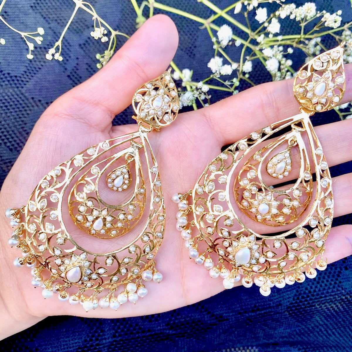 Long Oversized Pearl Chandbalis | Antique Design | Gold Plated on Sterling Silver ER 160