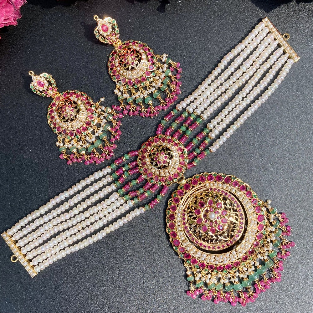 mughal design ruby emerald pearl gold set