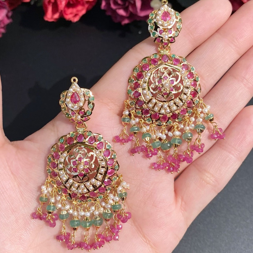 Bollywood mughal design gold earrings with ruby emerald pearl