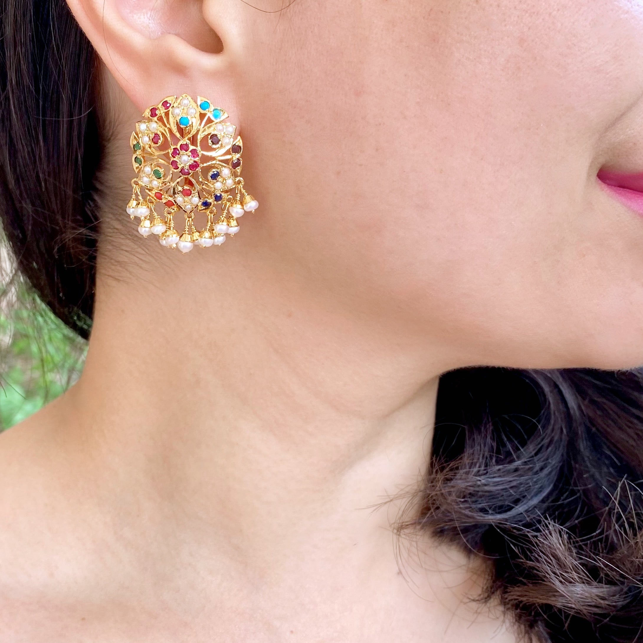 Gold Plated Navaratna Studs For Women | Indian Jadau Jewelry on Sterling Silver ER 122