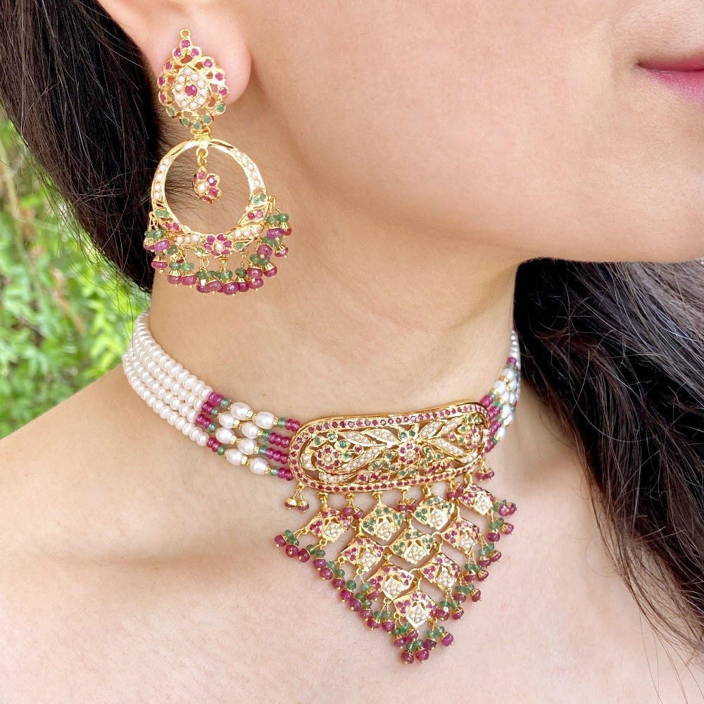 rajasthani gold choker set studded with precious stones