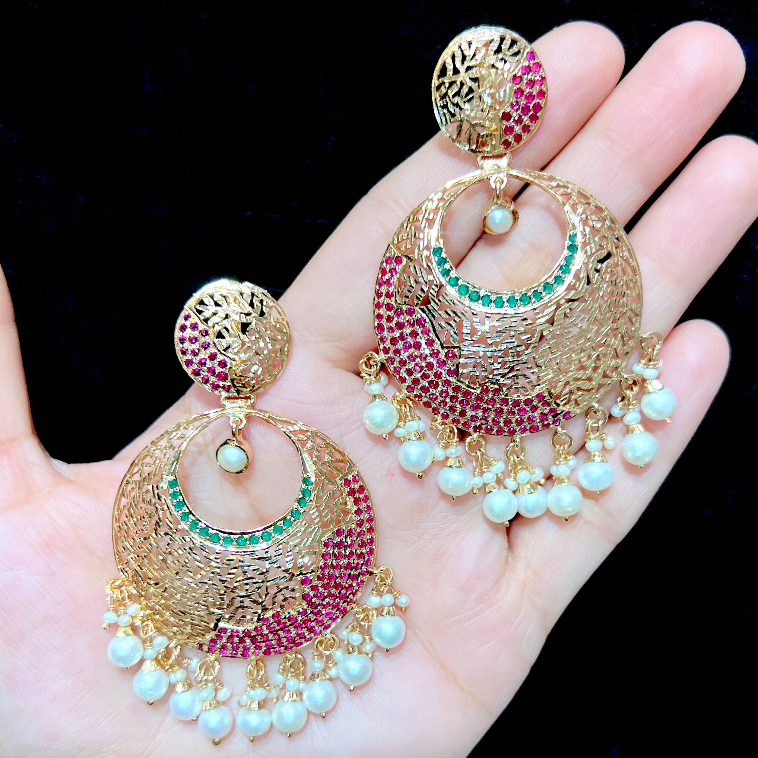 Modern Jadau Chandbali Earrings | Hnadcrafted Jadau Jewellery | Ruby Emerald Pearl Chandbali | ER 677