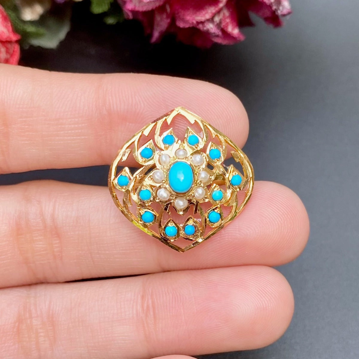 Pearl and Turquoise Ring in 22ct Gold GLR 048