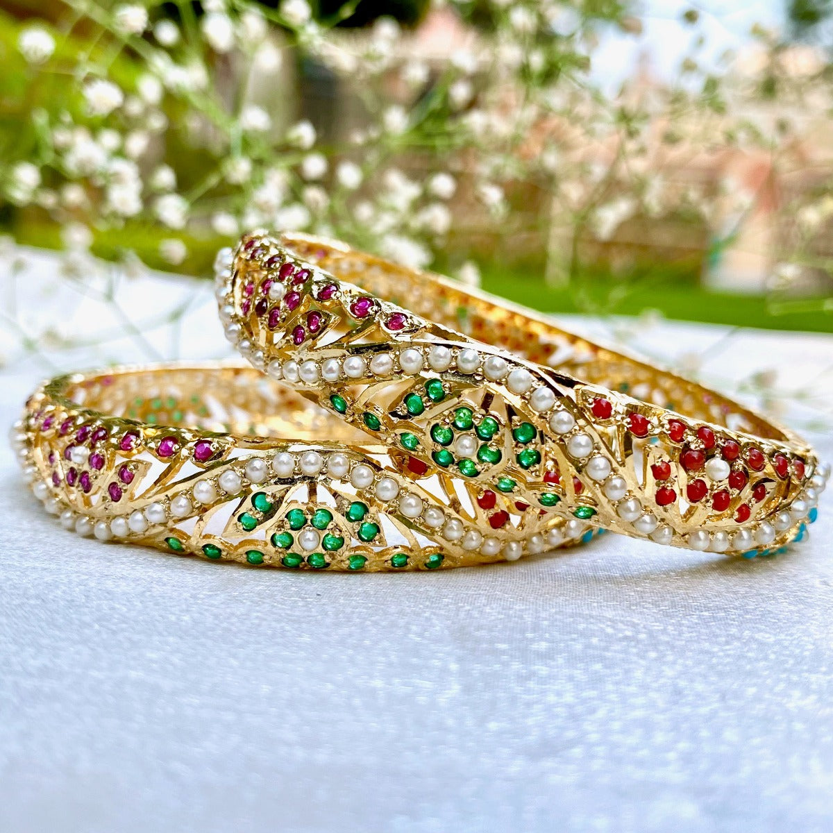 Gold Plated Navrattan Bangles on Sterling Silver BG 048