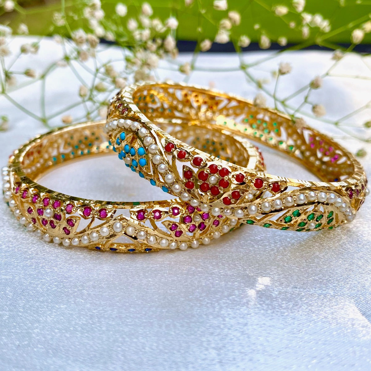 Gold Plated Navrattan Bangles on Sterling Silver BG 048