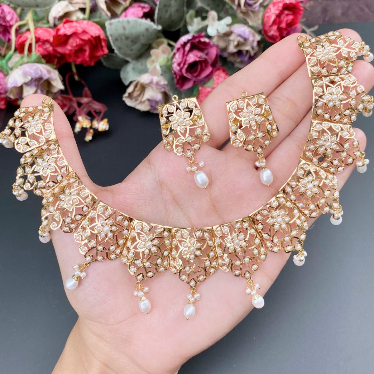 22K gold joroa set studded with freshwater pearls