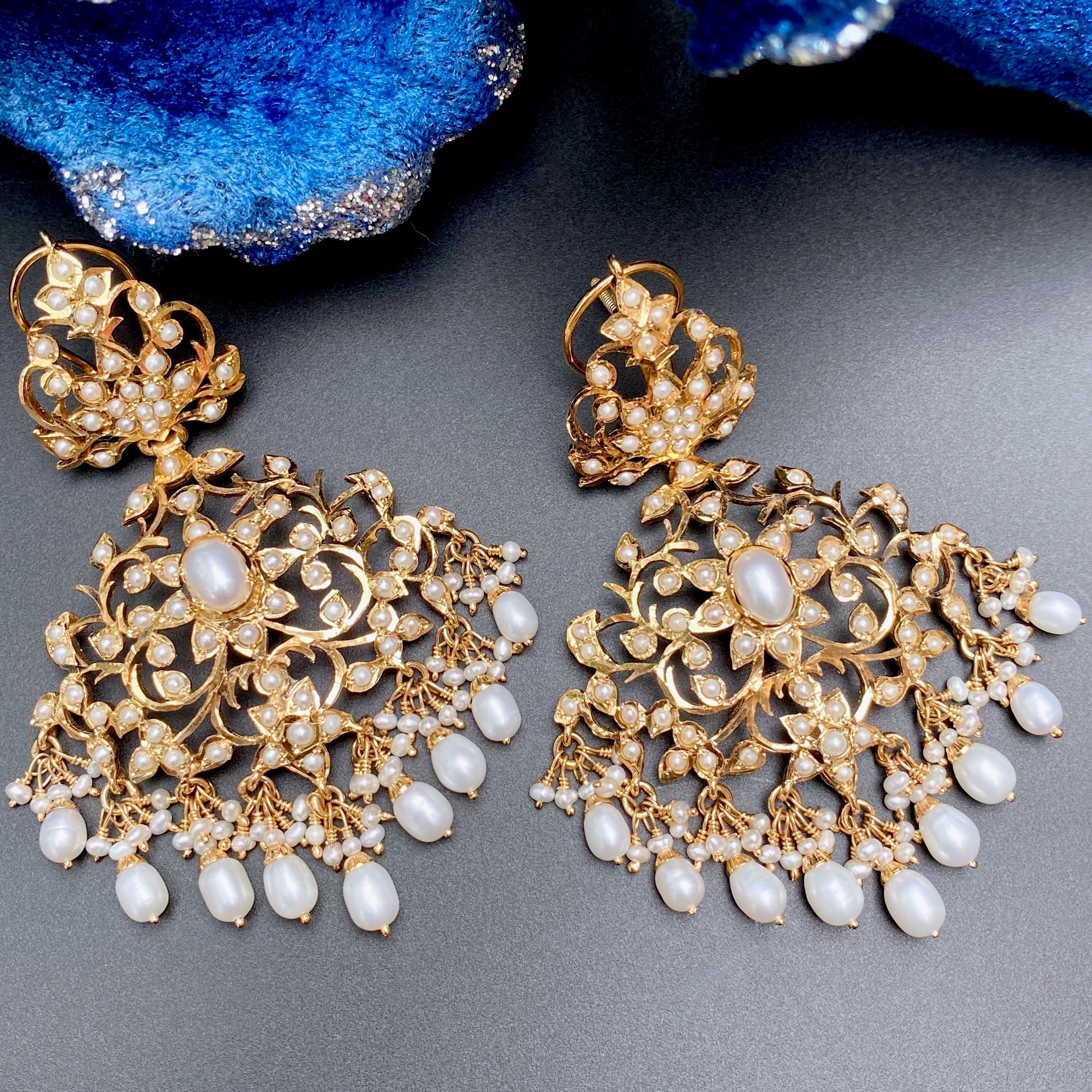 Statement Jadau Earrings set with Pearls in Gold Plated Silver ER 170