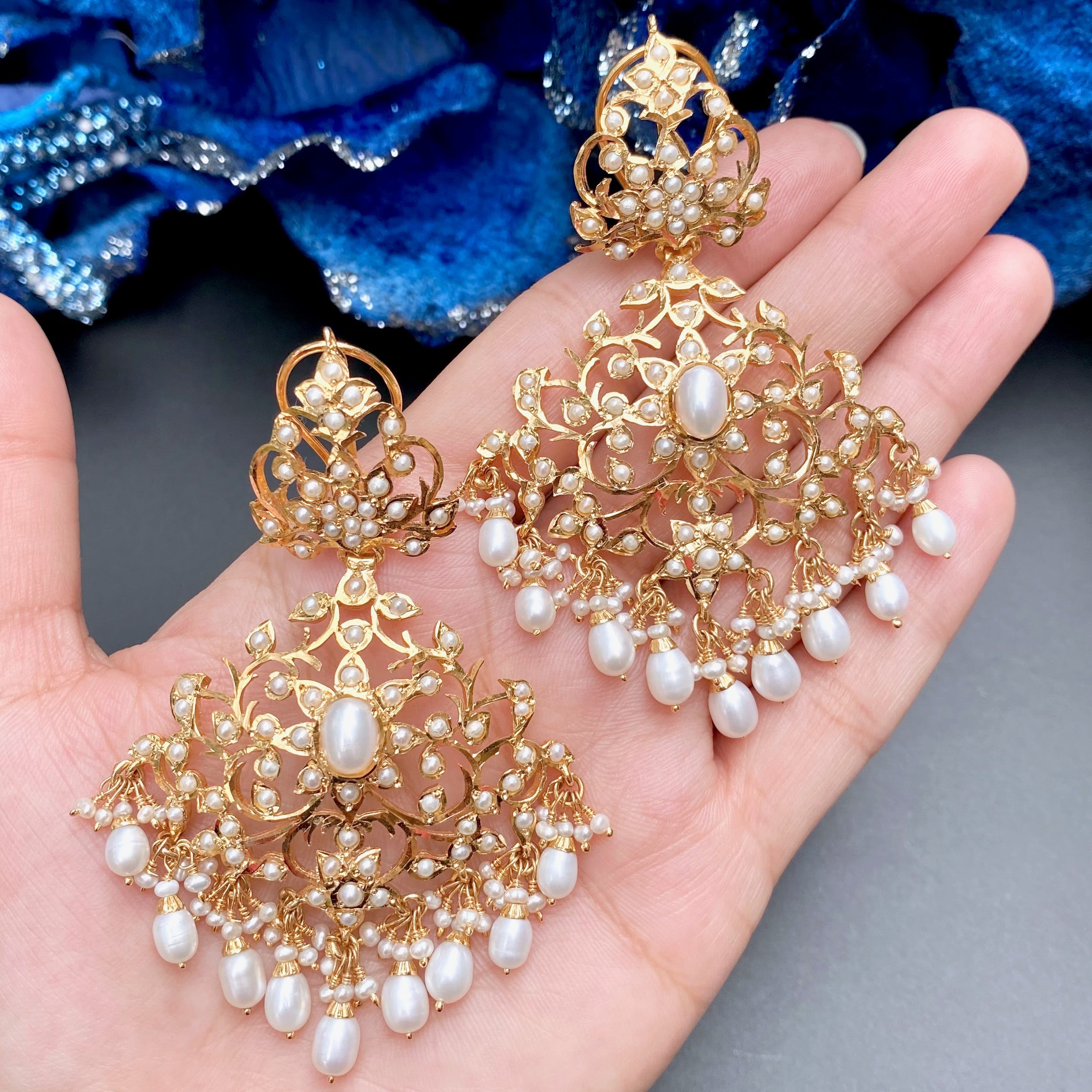 Alluring Pearl Earrings | Antique Edwardian Victorian Styled Indian Jewelry | Silver with Gold Plating  ER 170