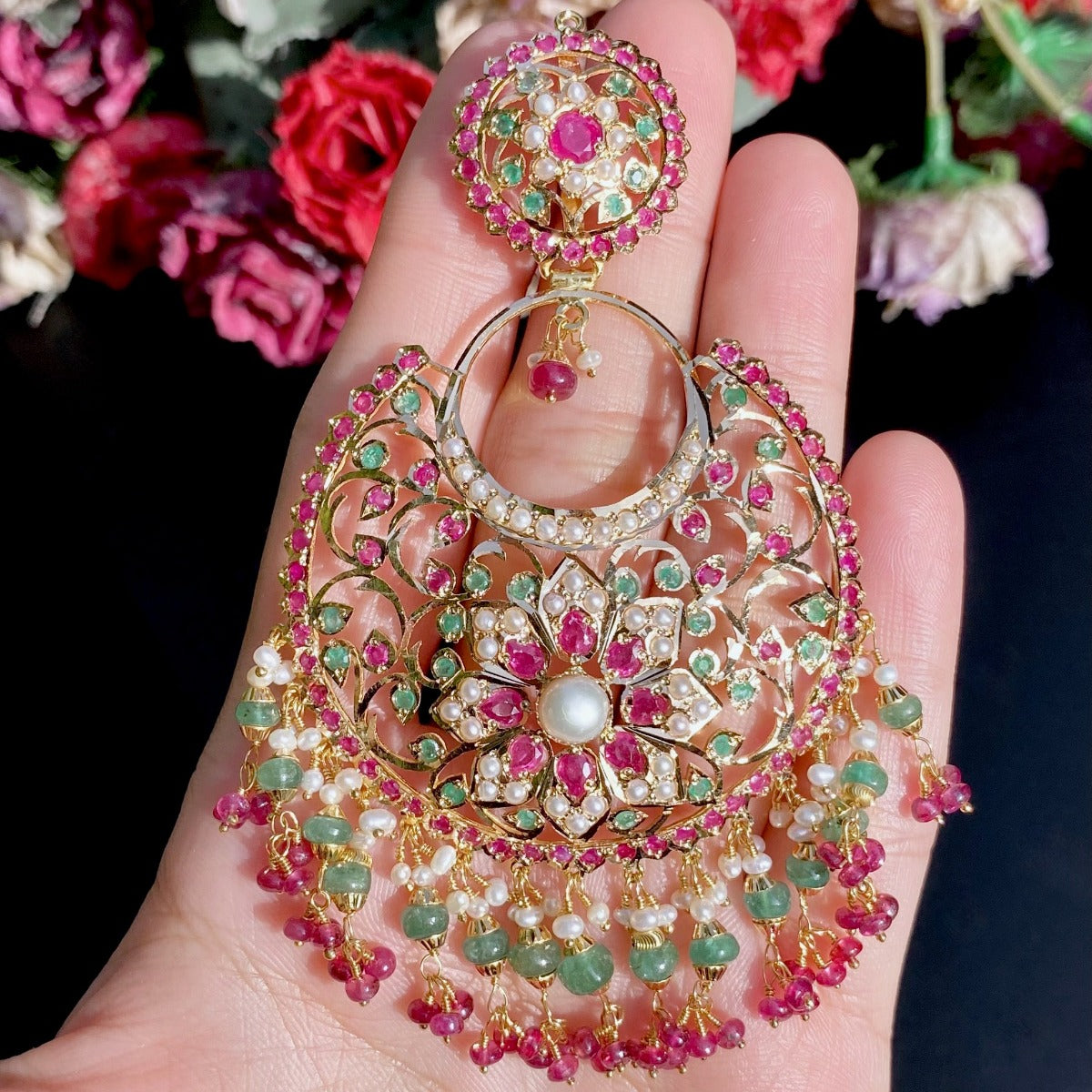 large Indian kashmiri chandbali earrings for women