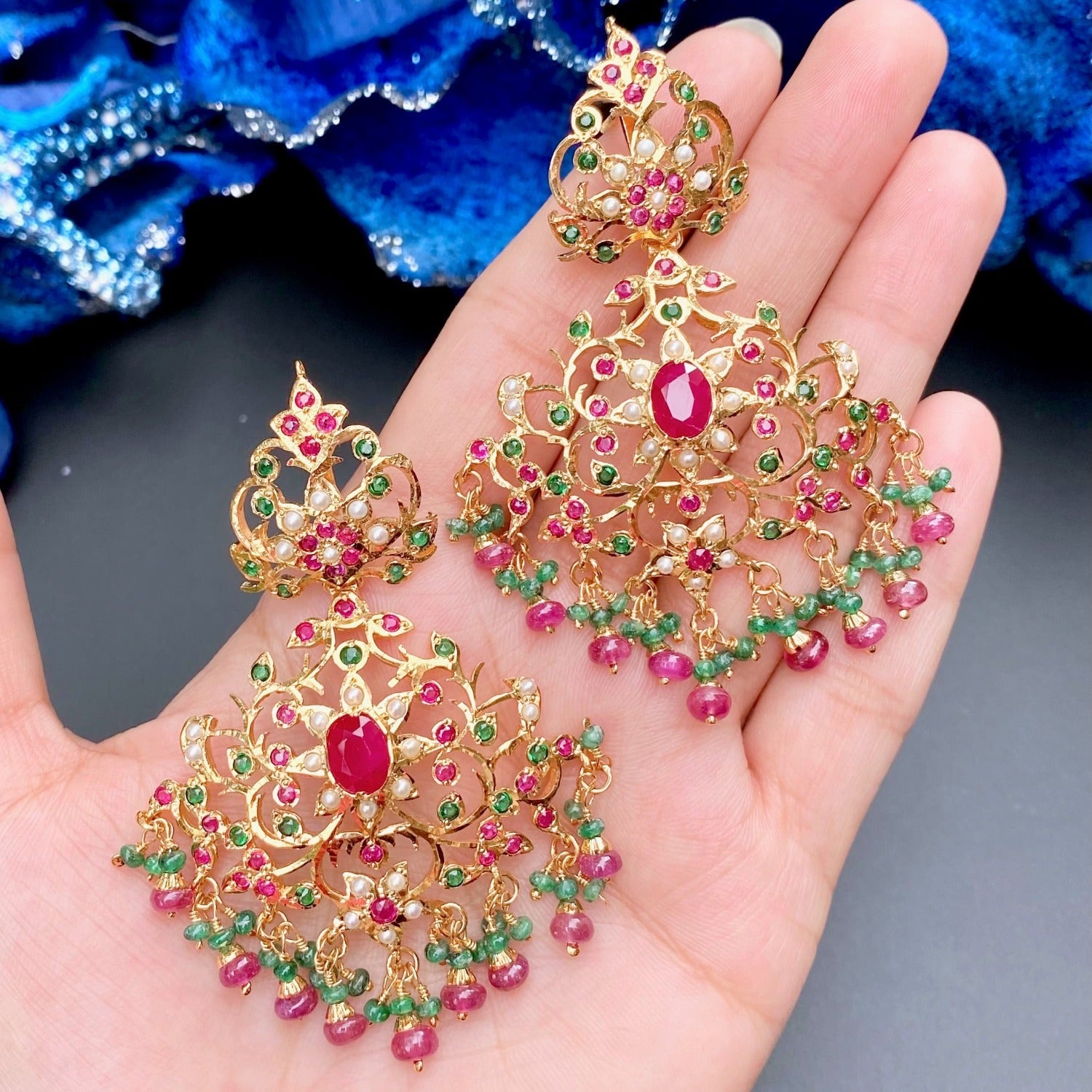 Gold Plated Multicolored Jadau Earrings in Silver ER 022