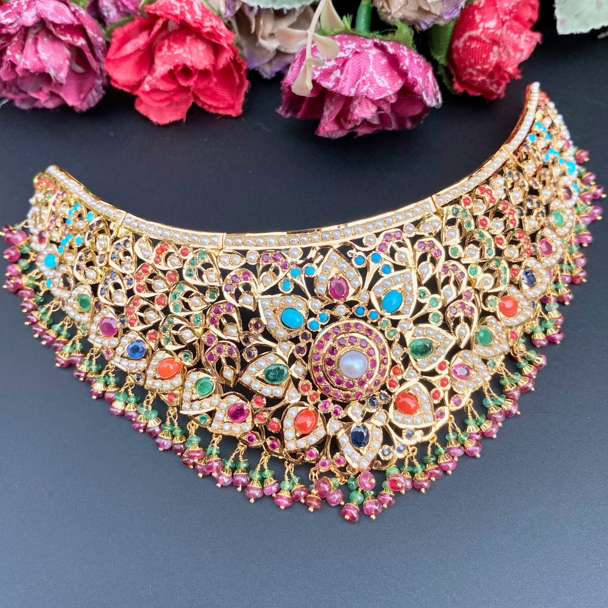 Bollywood navratna necklace in solid gold