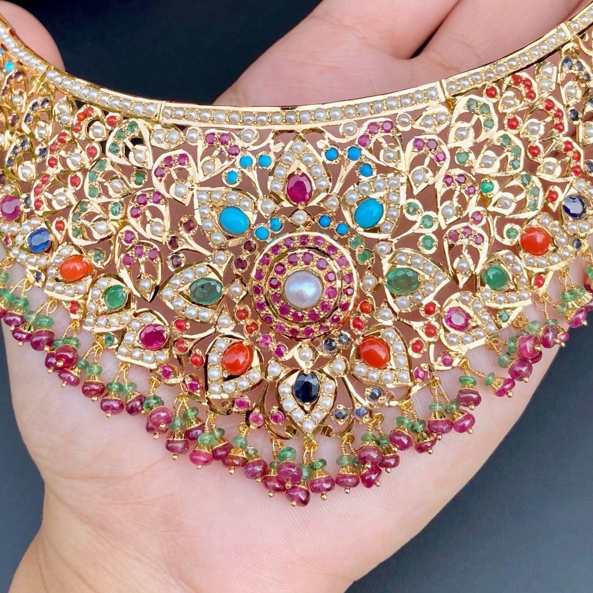Bollywood navrattan choker in gold with precious stones