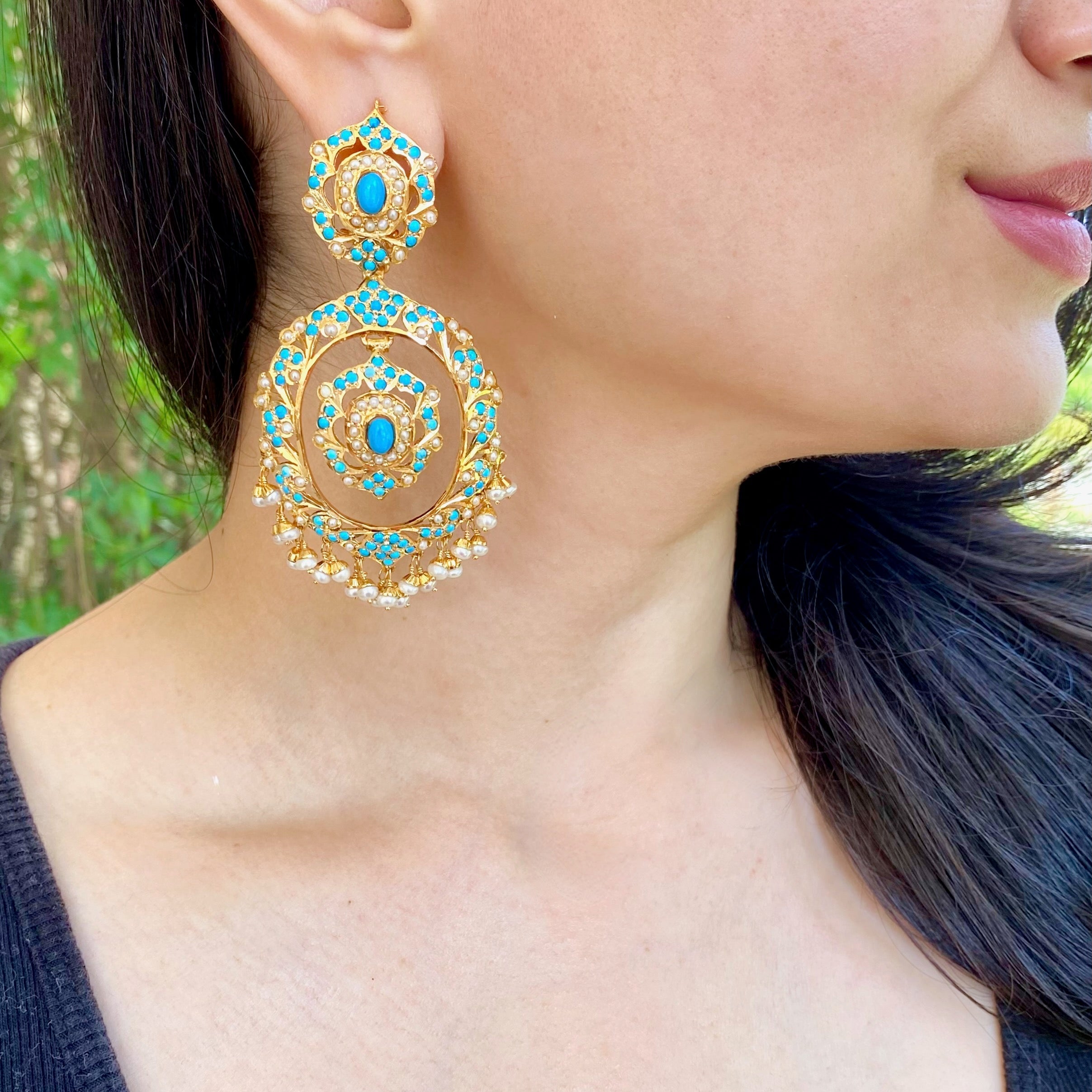 Gold Plated Pearl and Turquoise Chandbali Earrings in Silver ER 514