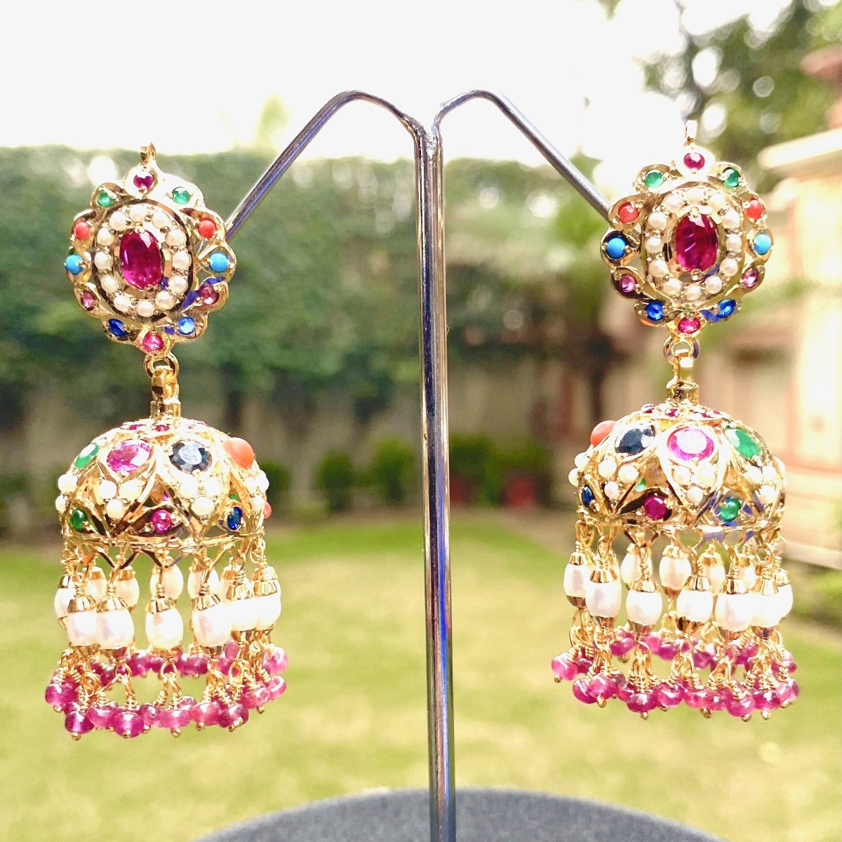 Gold Plated Navratna Jhumka Earrings in Silver made with Jadau Technique ER 141A